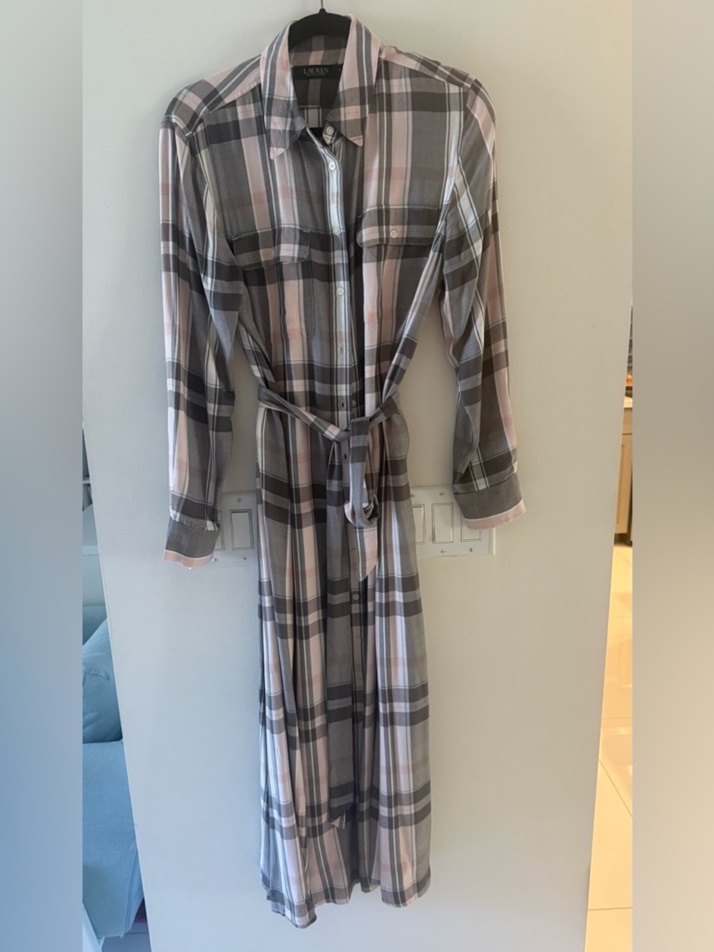 Ralph Lauren Plaid Shirt‑Style Maxi Dress in Gray and Cream - Picture 3 of 8